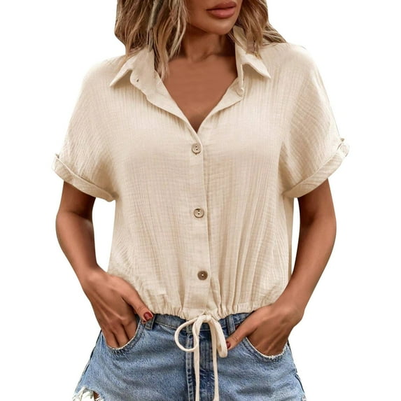 Women Summer Tops Women's Summer New Solid Color Button Up Cardigan With Tie Up Short Sleeves Womens Tops Casual Fit Stretch T Shirt Women Athletic Shirts Shorts Colorful Undershirts Ladies Beige S
