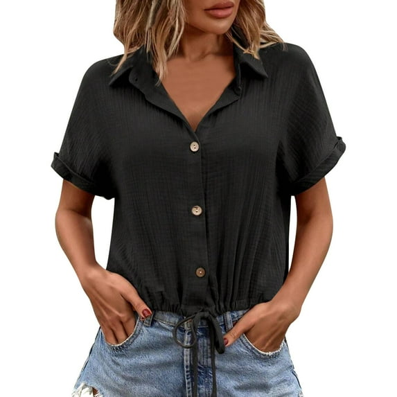 Women Summer Tops Women's Summer New Solid Color Button Up Cardigan With Tie Up Short Sleeves Womens Tops Casual Fit Stretch T Shirt Women Athletic Shirts Shorts Colorful Undershirts Ladies Black XL
