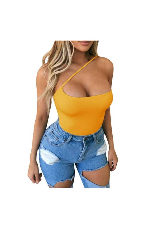Women Summer Tops Women's Summer One Shoulder Backless Sexy Solid Tank Top Shirt Slim Fit Blank Muscle Big Foam Bust Liner under Cardigan Shirt Bright Womens Top Compression Tops with Bra Yellow S