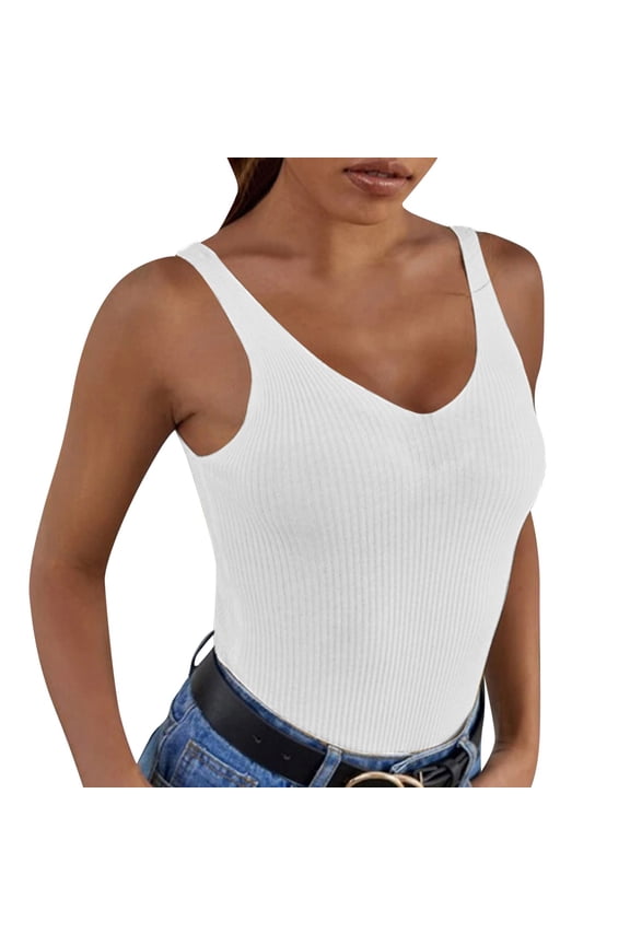 Women Summer Tops Women's Summer Sexy V Neck Knitted Solid Color Tank Bodysuit for Women Compression Top for Closet Staples Cute Dance Top Crop Junior Cowboys Chiffon Design Your Own White M