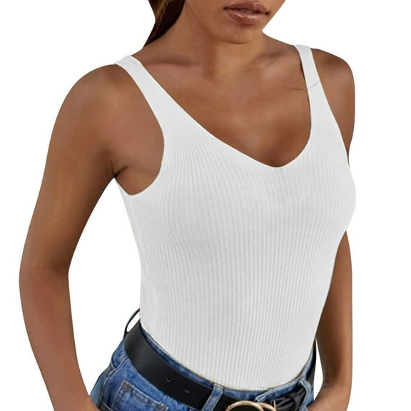 Women Summer Tops Women's Summer Sexy V Neck Knitted Solid Color Tank Bodysuit for Women Compression Top for Closet Staples Cute Dance Top Crop Junior Cowboys Chiffon Design Your Own White XS