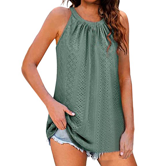 Women Summer Tops Women's Summer Sleeveless Tops Casual Pleated Eyelet Tank Top Pointelle Flowy Shirt Blouse Cropped Blank Camisole for Women Bra Out 10 Top Woman Cut for Christmas Green 2XL