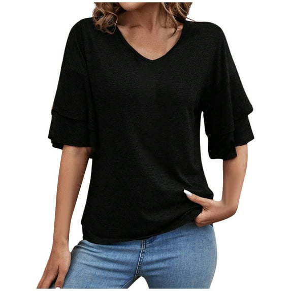 Women Summer Tops Women's Summer Solid Color V Neck Tee With Double Layer Flared Mid Sleeves Casual Loose Fit Top Pajama Top V Neck Dressy Tees for Women Inner Shirt Work Tops Clothes Black XL