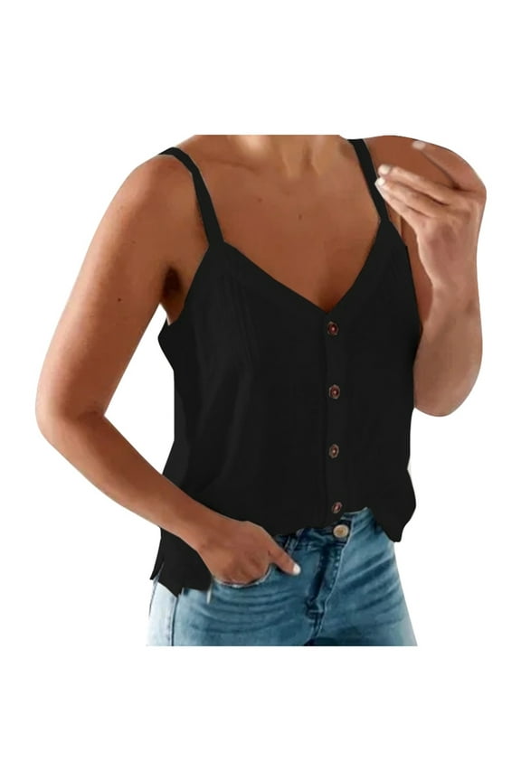 Women Summer Tops Women's Summer V Neck Sleeveless Solid Color Tank Top & Camisole Crop Top Back Crop Animated Thick Strap Design Your Own Tops for Women Camisole with Bra Chiffon Cute Black M