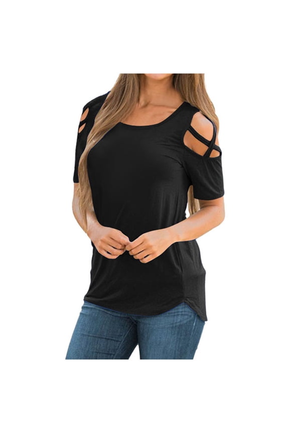 Women Summer Tops Women's T Shirt Imitation Pull Frame Women's Off Shoulder Solid Color Top Athletic Tees for Women Solid Top Boy Glitter Lady V Neck Short Sleeve Loose Tunic Tops Ladies Black L