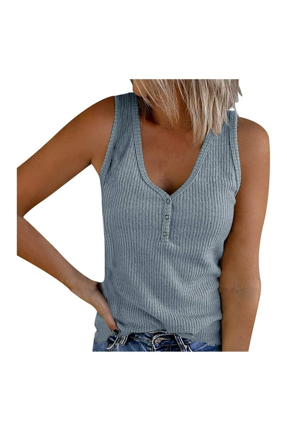 Women Summer Tops Women's V-neck undershirt sleeveless button-down casual undershirt shirt T-shirt Camisole with Spandex Crop Tops Small Cute Crop Compression Garments for Women Deep Neck Blue 2XL