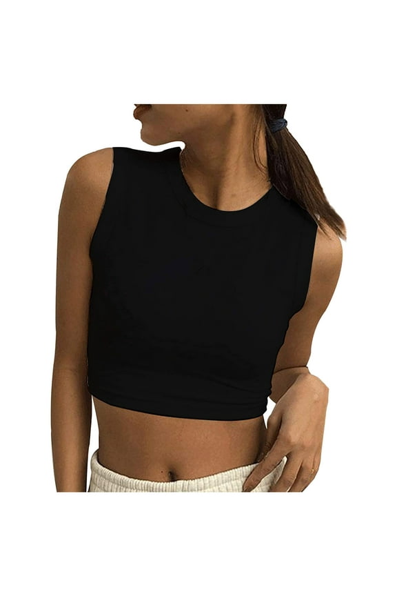 Women Summer Tops Women's sexy fashion round neckline solid color sleeveless undershirt Cute Shirts for Women Summer Control Tops under Top Top Pajama Casual Shirts Bra Camisoles Dance Black L
