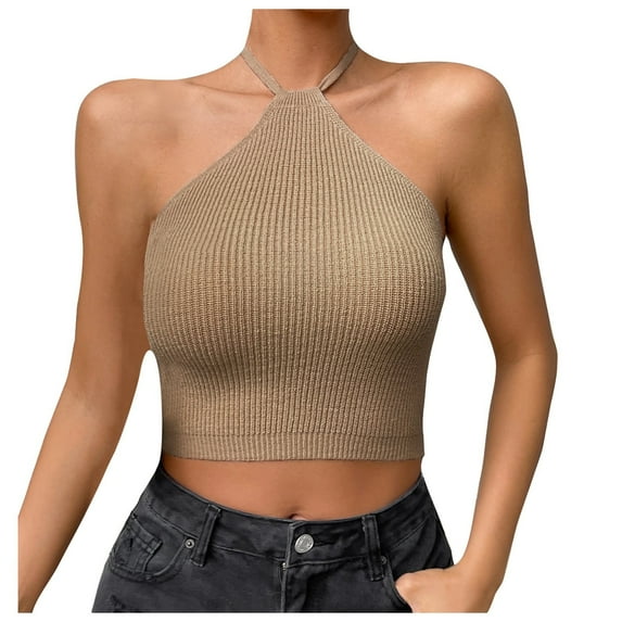 Women Summer Tops Womens Basic Minimalist Sexy Hanging Neck With Navel Strap Knitted Top Vest Strap Diet Top Women Boy 12 Set Line Girl Christmas Womens Tops Compression Shirts Bra Too Khaki L