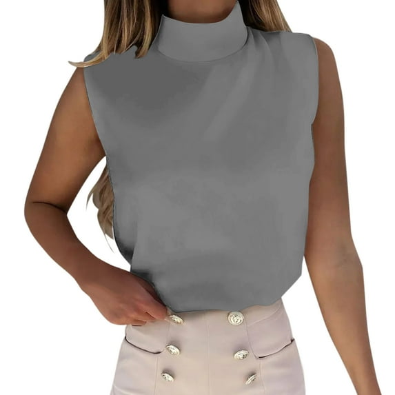 Women Summer Tops Womens Casual Solid Color Turtleneck Sleeveless Tank Blouse Top Compression Long Top Women Crop Shirt Blouse Dressy Christmas Running Womens Crop Shirt Size 13 Busty Deep Grey L