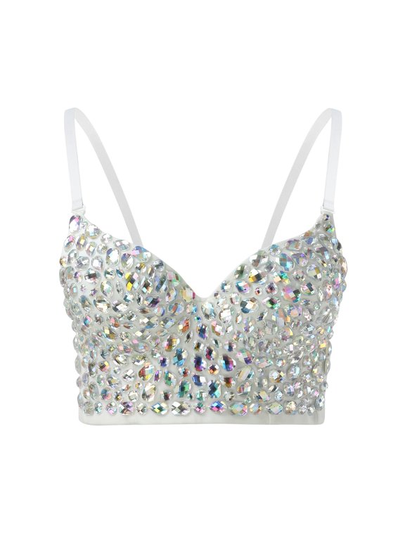 Women Summer Tops Womens Corset Clothing Hand Sewn Nightclub Rhinestone Suspender Sequin Corset Top Women Bones Tops for Crop in Bulk Camisoles Cute Camisole with Build Bra Long Top Womens White L