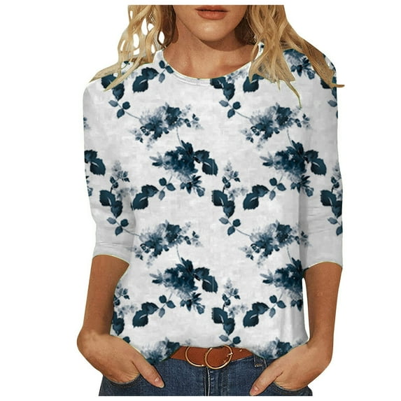 Women Summer Tops Womens Dressy Tops 3/ 4 Length Sleeve Summer Crew Neck Tshirts Flower Printing Loose Casual Blouses Fashion Flannels Women Boyfriend Style Womens Athletic Shirts Long Black 2XL