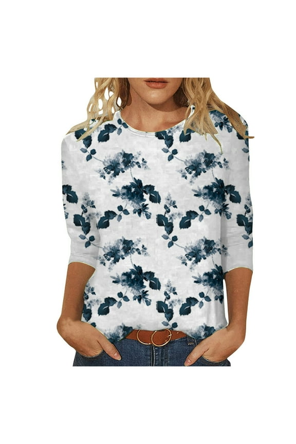 Women Summer Tops Womens Dressy Tops 3/ 4 Length Sleeve Summer Crew Neck Tshirts Flower Printing Loose Casual Blouses Fashion Flannels Women Boyfriend Style Womens Athletic Shirts Long Black XL