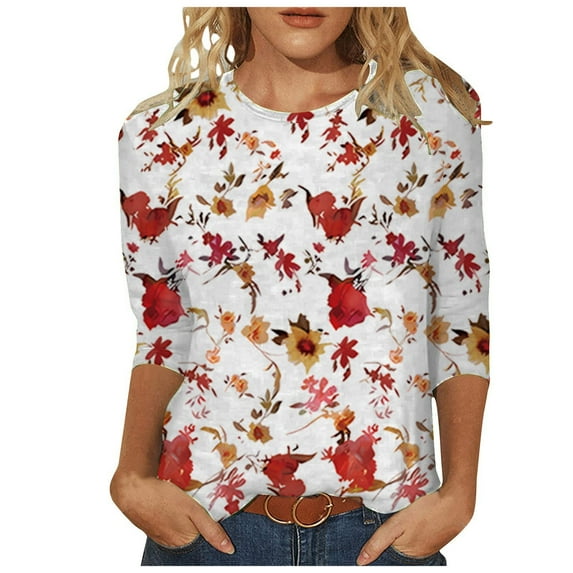 Women Summer Tops Womens Dressy Tops 3/ 4 Length Sleeve Summer Crew Neck Tshirts Flower Printing Loose Casual Blouses Fashion Flannels Women Boyfriend Style Womens Athletic Shirts Long Red M