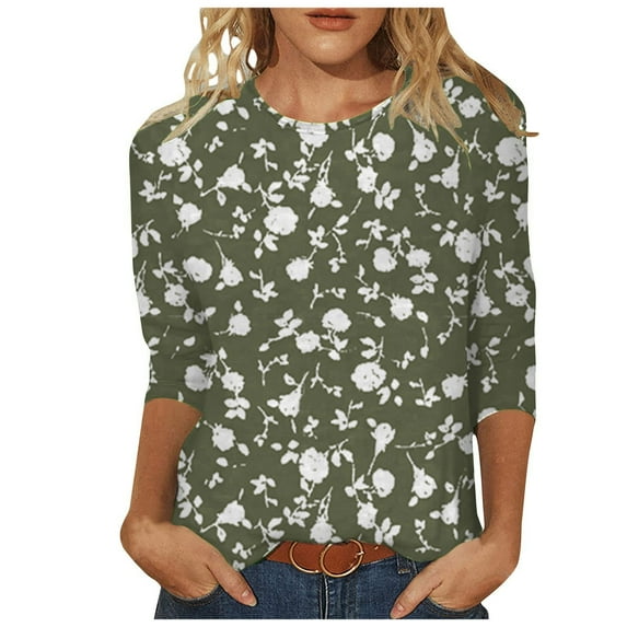 Women Summer Tops Womens Dressy Tops 3/ 4 Length Sleeve Summer Crew Neck Tshirts Flower Printing Loose Casual Blouses Fashion Flannels Women Boyfriend Style Womens Athletic Shirts Long Army Green 2XL