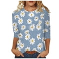 thumbnail image 1 of Women Summer Tops Womens Dressy Tops 3/ 4 Length Sleeve Summer Crew Neck Tshirts Flower Printing Loose Casual Blouses Fashion Flannels Women Boyfriend Style Womens Athletic Shirts Long Blue 2XL, 1 of 5