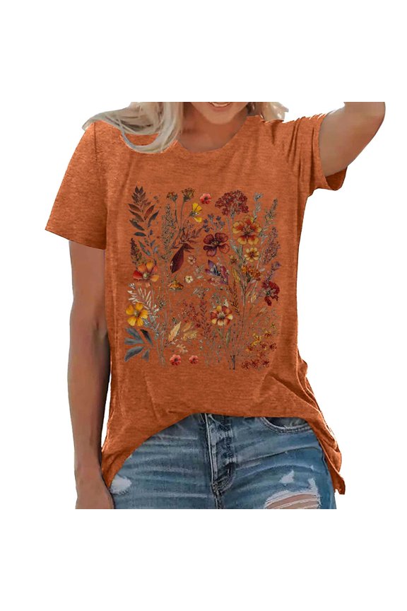 Women Summer Tops Womens Fashion Casual Crew Neck Prints T Shirts Summer Short Sleeve Casual Loose T Shirts Top Womens Medium Turtle Neck Top Ladies Tall Ballerina Stuff Girls Short Sleeve Orange XL