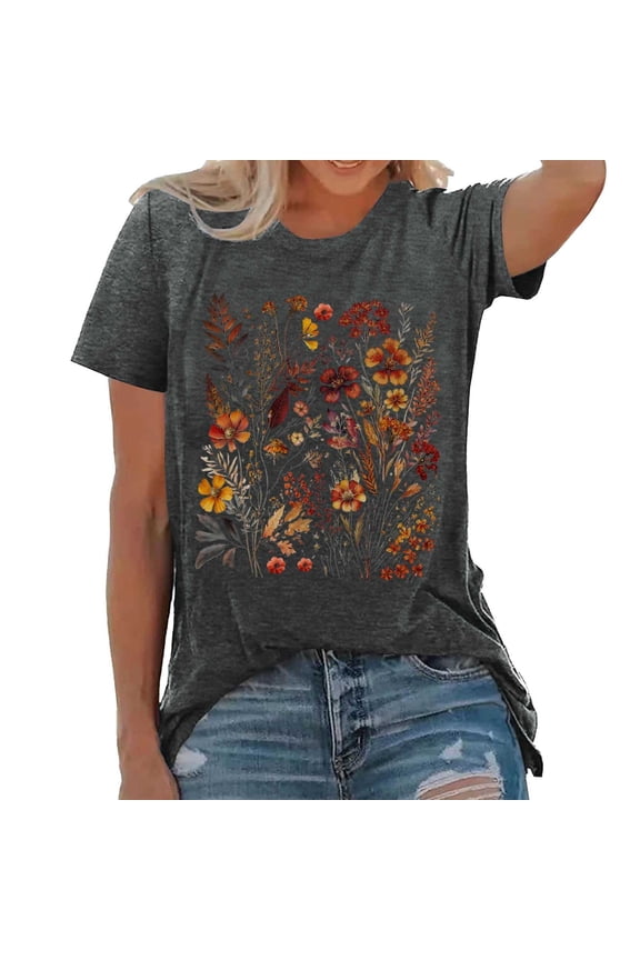 Women Summer Tops Womens Fashion Casual Crew Neck Prints T Shirts Summer Short Sleeve Casual Loose T Shirts Top Womens Medium Turtle Neck Top Ladies Tall Ballerina Stuff Girls Short Sleeve Grey XL