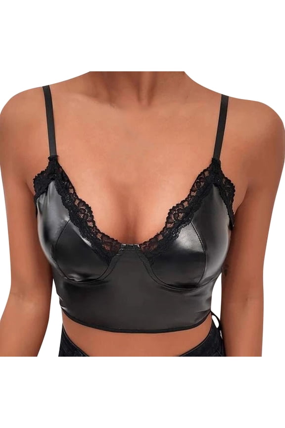 Women Summer Tops Womens Lace Leather Sexy Leather Lace Strap Chest Cup Bra Brooch Line Lingerie Unlined Bra Top Women Big Control Tops Blank Womens Cropped Workout for Bodysuit Top Black S