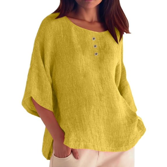 Women Summer Tops Womens Loose 1/ 2 Long Sleeve Blouse Tops Solid Casual Short Sleeve Shirt Blouse Womens Button up Teen Blouses Dressy Graphic Tee Shirt Sheer Compression Top Work Out Yellow 2XL