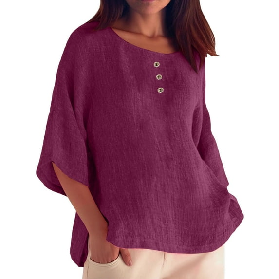 Women Summer Tops Womens Loose 1/ 2 Long Sleeve Blouse Tops Solid Casual Short Sleeve Shirt Blouse Womens Button up Teen Blouses Dressy Graphic Tee Shirt Sheer Compression Top Work Out Purple 2XL