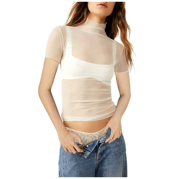 Women Summer Tops Womens Mesh Short Sleeve Layering Top Neck Dot Embroidery Sheer See Through Tee Shirt Blouse Womens Petite Dress Blouses Sports under Shirt Long Sleeve Light Weight Blouse Beige XL