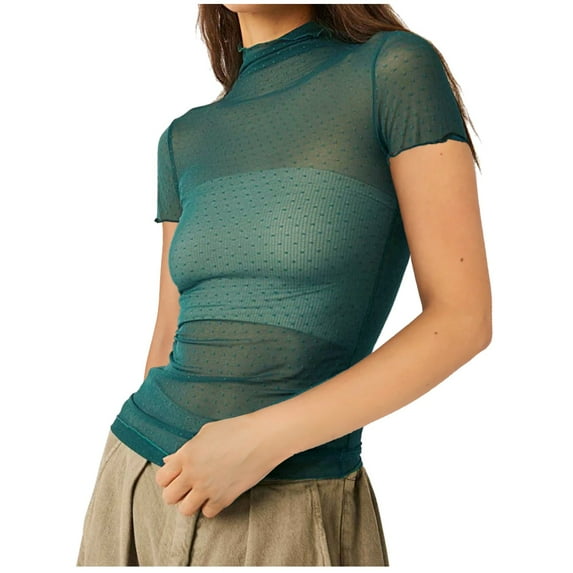 Women Summer Tops Womens Mesh Short Sleeve Layering Top Neck Dot Embroidery Sheer See Through Tee Shirt Blouse Womens Petite Dress Blouses Sports under Shirt Long Sleeve Light Weight Blouse Green M