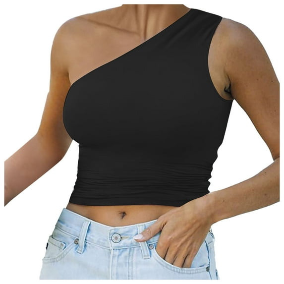Women Summer Tops Womens One Shoulder Sleeveless Crop Tank Tops Sexy Trendy Vest Camisole Shirt Cute Casual Women Camisole without Bra Cardigan Top Set Top with Bra Deer for Creme for Black M