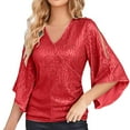 thumbnail image 1 of Women Summer Tops Womens Sequin Tops 3/ 4 Sleeve Glitter Sparkly Party Blouse V Neck Dressy For Evening Party Loose Fitting Womens Shirts Christmas Tunics Women Long Sleeve Shirt Athletic Red M, 1 of 5