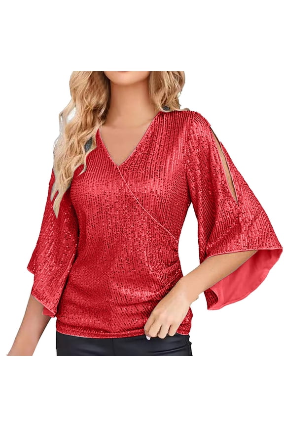 Summer Tops for Women Sequin Tops 3/ 4 Sleeve Glitter Sparkly Party Blouse V Neck Dressy For Evening Party Casual Top Blouse Short Tunic Top Sports under Shirt Long Sleeve Blouses Red XL