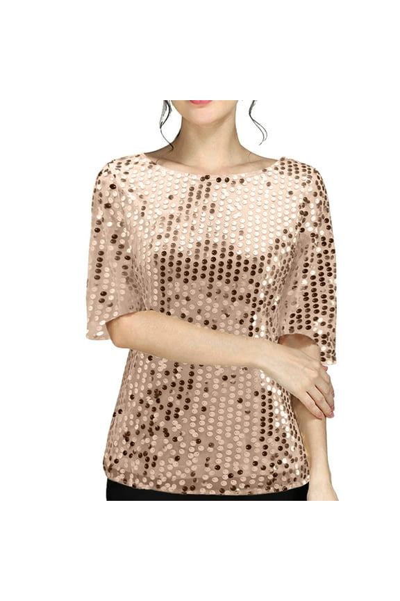 Women Summer Tops Womens Solid Elegant 1/ 2 Sleeve O Neck Sequins Shirt Blouse Tops Flannel Women Fashion Stripe Casual Top T Shirt Ladies Loose Long Sleeve Top Blouse Womens Long Blouses Rose Gold