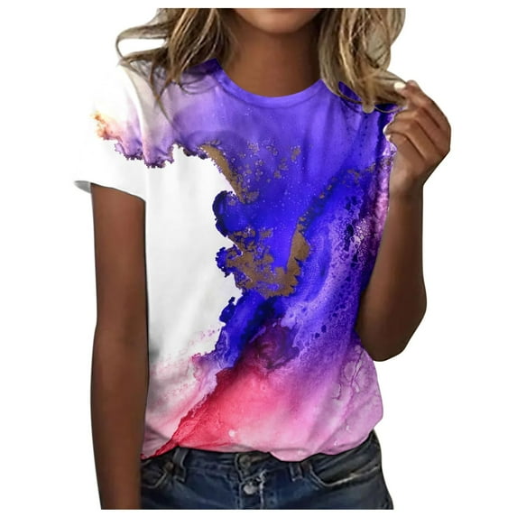Women Summer Tops Womens Spring Summer Colorful Printed Short Sleeve O Neck T Shirt Top Womens Loose Shirt Women Button down 2x Tops plus Size Blouse Top Rave Long Sleeve Fitted 3 Tone Purple 2XL