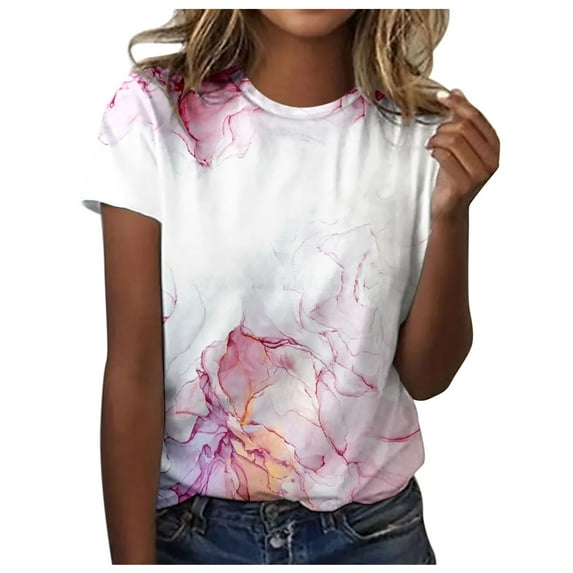 Women Summer Tops Womens Spring Summer Colorful Printed Short Sleeve O Neck T Shirt Top Womens Loose Shirt Women Button down 2x Tops plus Size Blouse Top Rave Long Sleeve Fitted 3 Tone Pink S