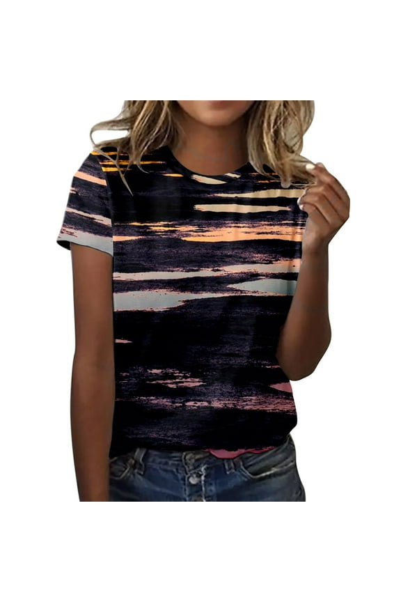 Women Summer Tops Womens Spring Summer Flower Printed Short Sleeve O Neck T Shirt Top Top Long Sleeve Yoga Workout Mesh Long Tops for Women Blouse Large Girl V Neck Shirt Misses Blouses Brown L