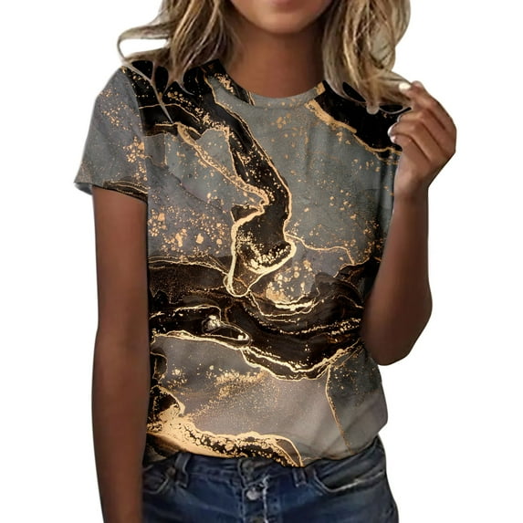 Women Summer Tops Womens Spring Summer Flower Printed Short Sleeve O Neck T Shirt Top Top Long Sleeve Yoga Workout Mesh Long Tops for Women Blouse Large Girl V Neck Shirt Misses Blouses Coffee 2XL