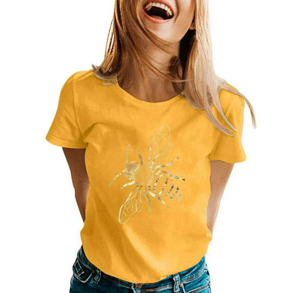 Women Summer Tops Womens Spring Summer Printed Short Sleeve O Neck T Shirt Top Tunic Women Exercise Tees Womens Athletic Long Sleeve Shirt Light Weight Long Tees Western Yoga V Neck Tee Yellow M