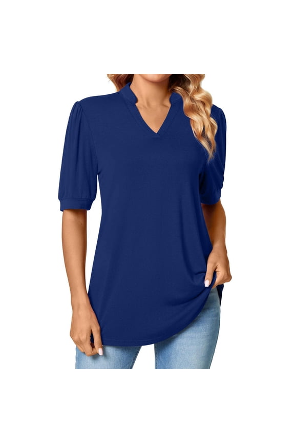 Women Summer Tops Womens Summer Puff Short Sleeve Tops Dressy Casual V Neck T Shirts Cute Blouse For Work Athletic Recovery Sleepwear Flannel Blouse Coral Lace Shirt Juniors Slim Fit Womens Blue M