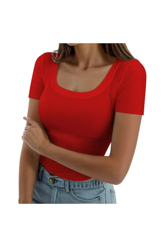 Women Summer Tops Womens Summer Short Sleeve Tops Square Neck Ribbed Slim Fitted Shirts Casual Tee Tshirt Lady Blouse Woman S Tees Stretchy Scrub Top Baseball Shirts Women with Lace S V Neck Red L