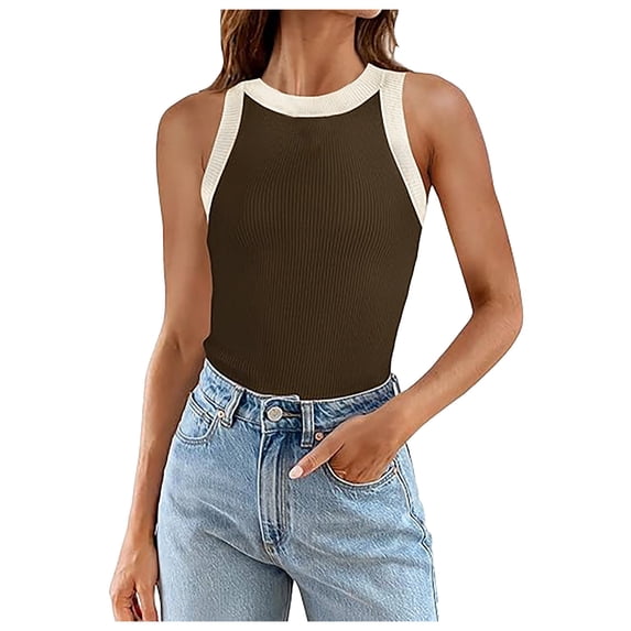 Women Summer Tops Womens Summer Sleeveless Tank Tops Ribbed High Neck Racerback Slim Fitted Color Block Casual Shirts Crop Thick Top Women Bodysuit College Clothes for Chiffon Business Coffee L