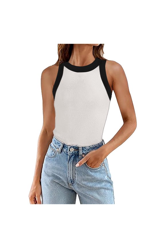 Women Summer Tops Womens Summer Sleeveless Tank Tops Ribbed High Neck Racerback Slim Fitted Color Block Casual Shirts Crop Thick Top Women Bodysuit College Clothes for Chiffon Business Beige L