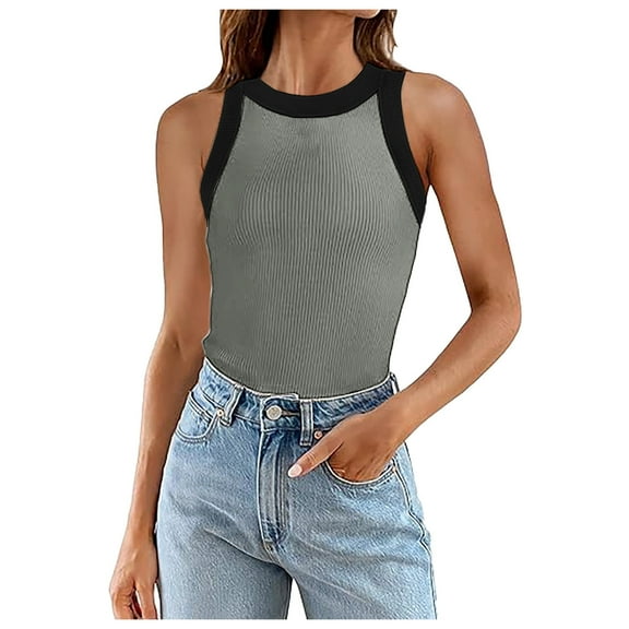 Women Summer Tops Womens Summer Sleeveless Tank Tops Ribbed High Neck Racerback Slim Fitted Color Block Casual Shirts Crop Thick Top Women Bodysuit College Clothes for Chiffon Business Army Green L