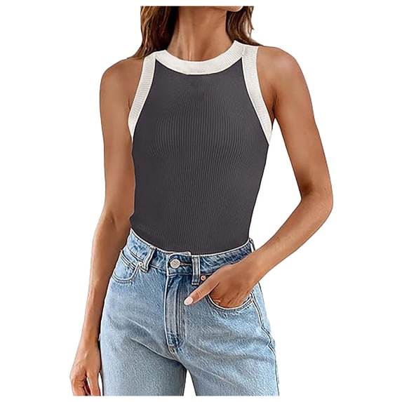 Women Summer Tops Womens Summer Sleeveless Tank Tops Ribbed High Neck Racerback Slim Fitted Color Block Casual Shirts Crop Thick Top Women Bodysuit College Clothes for Chiffon Business Dark Gray M