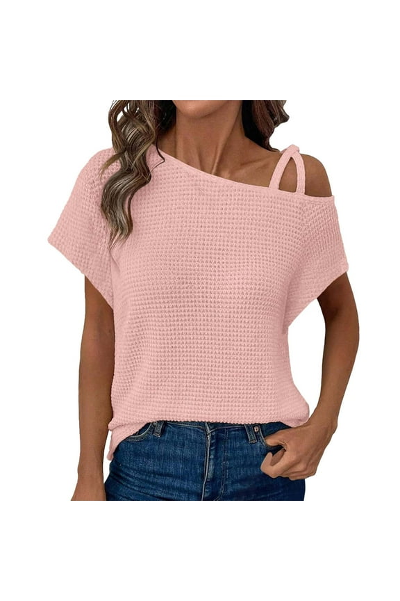 Women Summer Tops Womens Summer Tops Off One Shoulder Knit Short Sleeve T Shirts Casual Lightweight Solid Color Blouses Button down Womens Blouse Girls Long Sleeve Tee Long Sleeved Fancy RD2 2XL