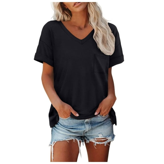 Women Summer Tops Womens T Shirts Short Sleeve V Neck Loose Casual Summer Tops with Pocket