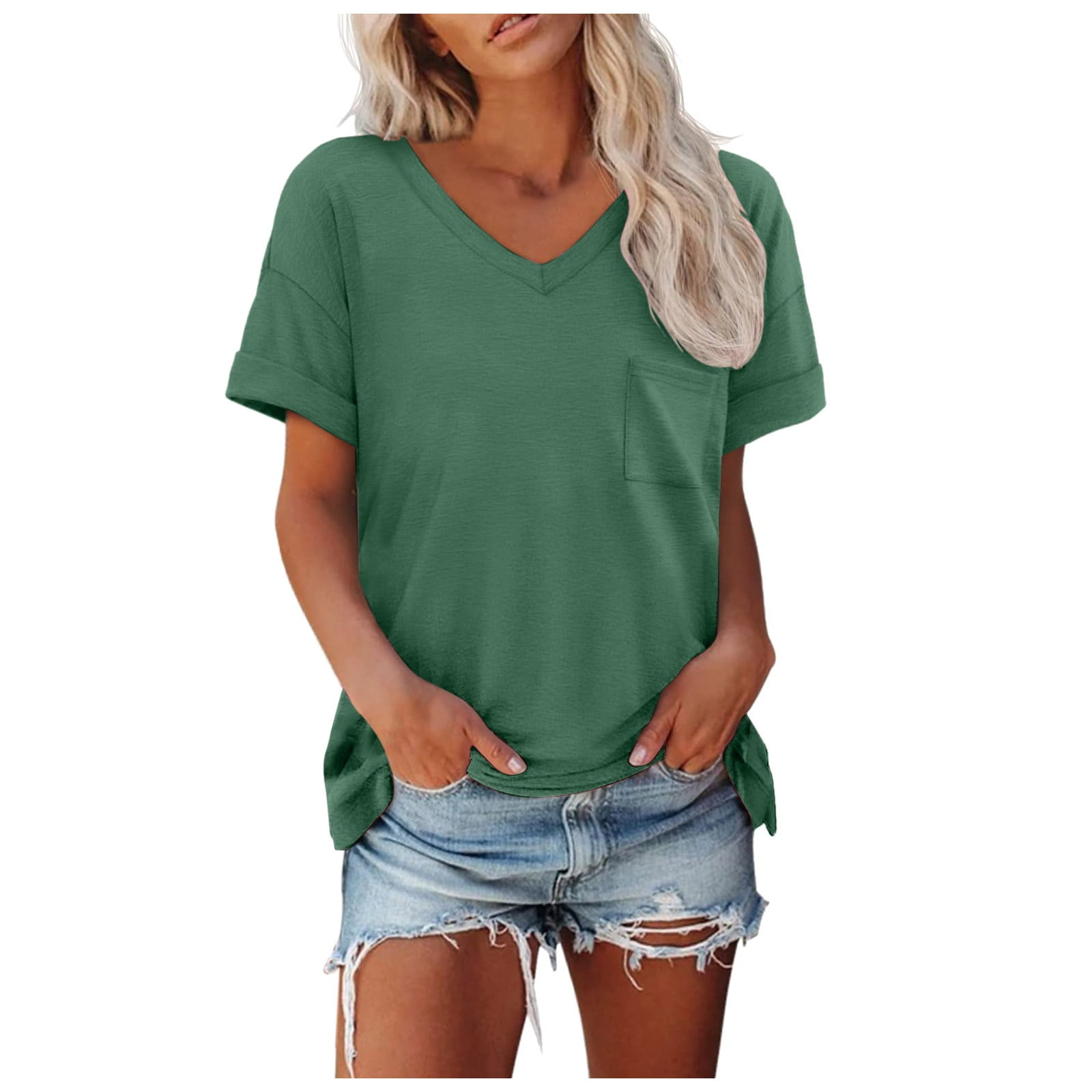Amoretu Women’s V-Neck Short Sleeve T-Shirt – Loose Fit Casual Tee In Olive Green