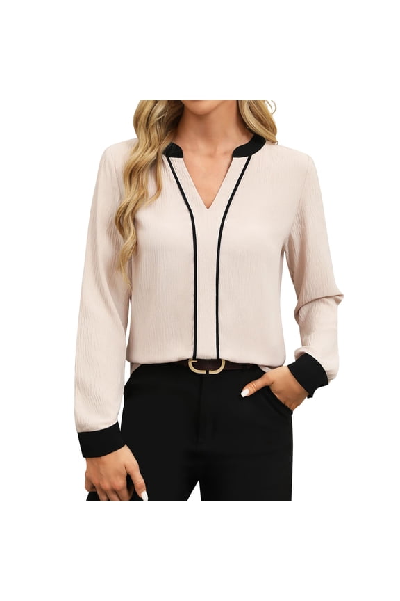 Women Summer Tops Womens Tops Dressy Casual V Neck Color Block Business Casual Blouses Long Sleeve Work Shirts Fall Trendy Clothes Sweatshirts with Foxes Them Lady Shirts Women Soft Long White L