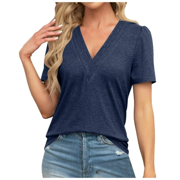 Women Summer Tops Womens Tops Dressy Casual V Neck Short Sleeve Shirts Loose T Shirts Trendy Tunic Blouses Comfy Long Sleeve for Women And Blouses for Loose Graphic Tee Extra Small Long Blue S