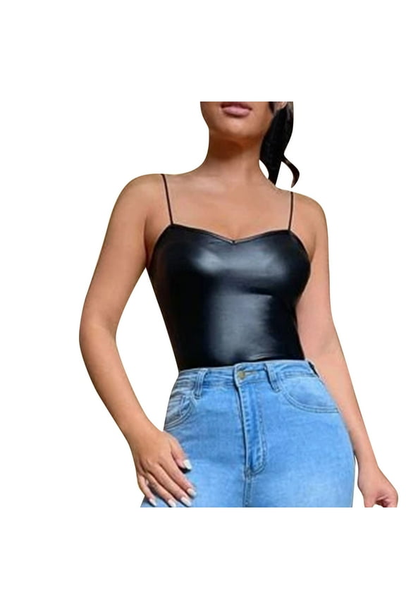 Women Summer Tops Womens V Neck Glitter Strappy Tank Tops Ladies Sexy Leather Vest Sexy Short Top Top Wide Strap Casual Shirts Women Customize 4 Compression for Crop Camisole Padded Bra Black 2XL