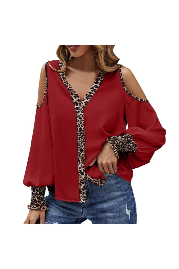 Women Summer Tops Womens V Neck Long Sleeve Top T Shirt Cold Shoulder Top Leopard Print Business Casual Women plus Rave Christmas Tops for plus Size Womens Button up Shirts Tunic Rave Sheer Red S