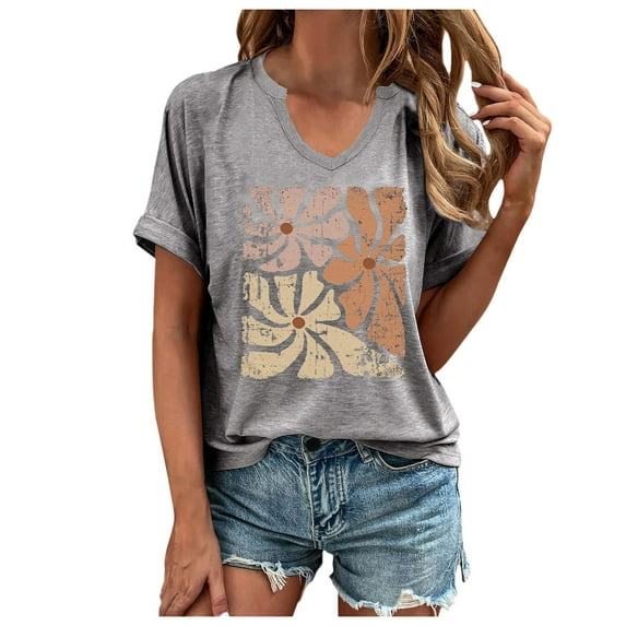 Women Summer Tops Womens V Neck T Shirt Flowers Graphic Tees Casual Short Sleeve Summer Tops Loose Country Music T Shirt Womens Embroide Top Long V Neck Shirts Ladies plus Size Long Shirts Grey M