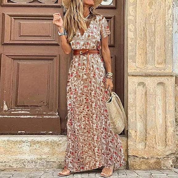 Women Summer Trend Holiday Dress Sexy Casual Elegant V-Neck High Slit Irregular Retro Vintage Print Slim With Belt Midi Dress